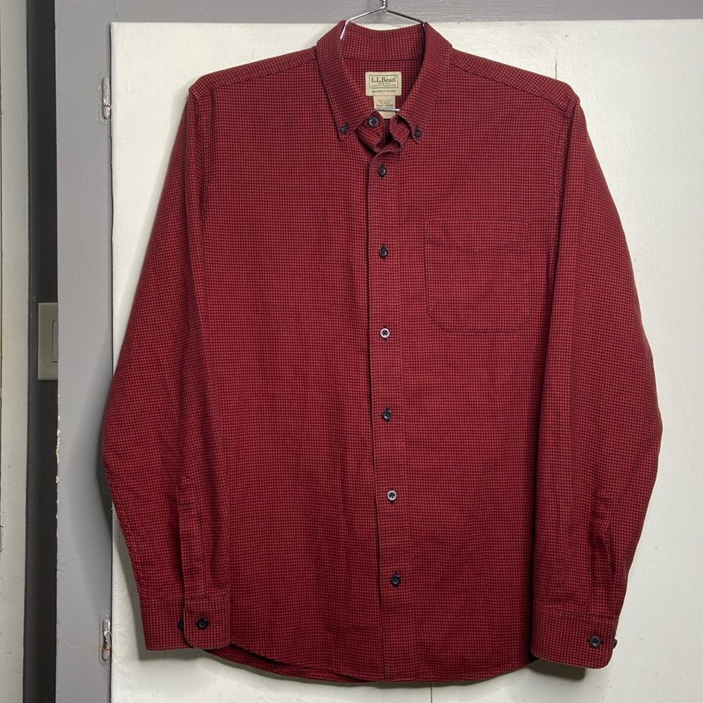 ll bean men wicked good button down flannel shirt medium red micro houndstooth